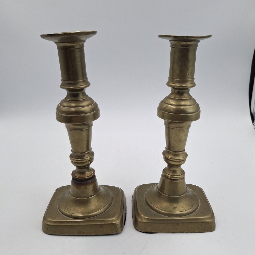 Vintage Solid Brass Candlestick Holders Pair 7.75" Square Base Baluster Style